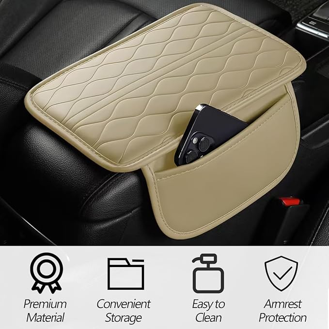 HZEL Car Center Console Cover, Scratch & Wear Resistant Soft Leather Vehicle Armrest Seat Box Cushion Pad with 2 Storage Bag, Waterproof Automotive Interior Protector, Universal Fit (Beige)