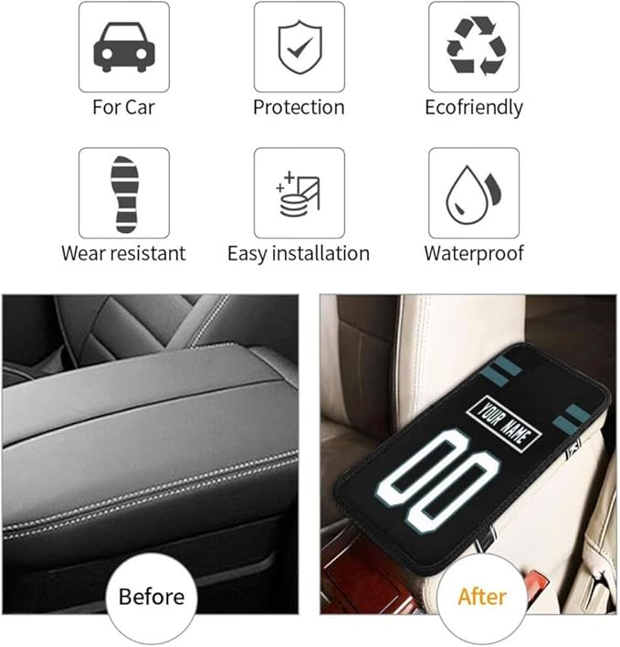 Custom Car Armrest Cover,Add Personalized Name and Number As Gifts for Loyal Football Fans,American Football Auto Center Console Pad Car handrail Box Cushion,Fit for Most Car Seat Box Cover Protector