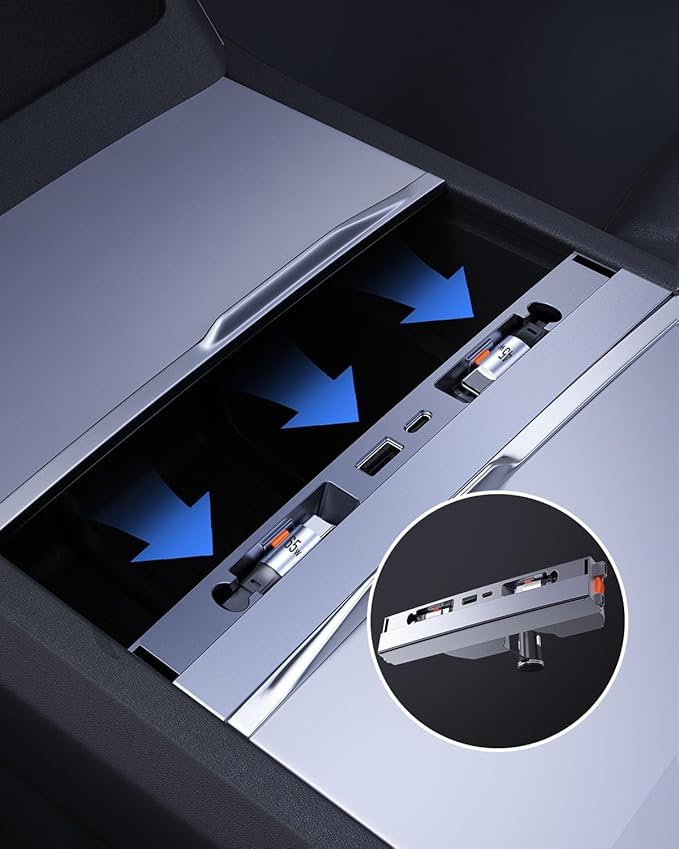 65W USB Hub for Tesla Model 3, New Model Y Juniper 2024 2025 2026 - Fast Charger for Tesla Model 3 Highland Accessories, Retractable Phone USB Charger Hub 4-Ports, 2 Type-C Cables