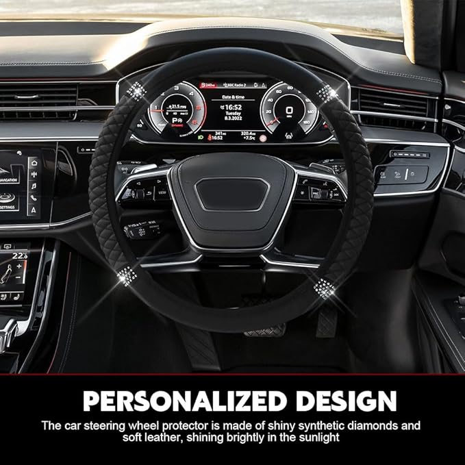 Car Steering Wheel Cover, Steering Wheel Accessories, Breathable Microfiber Leather Auto Wheels Protector, Universal 15 Inch Anti-Slip Protector for SUV Sedan Truck (Bling-Black)