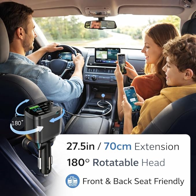 Mizi [2025 Upgraded] Retractable Car Charger 5 in 1, 69W Fast Charging with 2X Retractable Cords [Lightning + Type-C], 2X Type-C & 1X Type-A Port for iPhone 16/15/14/13/12, Samsung, and More - Black