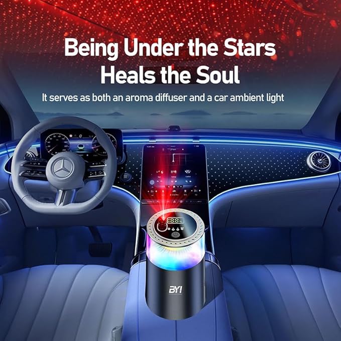 Smart Car Air Freshener with RGB Ambient Light, Galaxy Cloud Mist, Auto On/Off, Built-in Battery, Car Aroma Diffuser, Home, Office (4 Essential Oil Box), Long-Lasting Scent & Relaxing Light