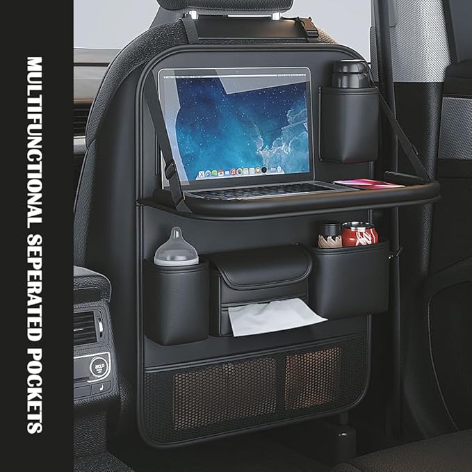 QIANKUNBAG 2 Pack Leather Car Backseat Organizer with Foldable Table Tray, Car Storage Organizer with Tablet Holder, Car Seat Back Protectors Kick MatsTravel Accessories
