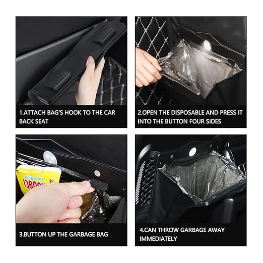 XSUPER Hanging Car Trash Can with Smart LED, Magnetic and Waterproof PU Leather Car Trash Bag, Multipurpose Garbage Can for Back Seat with 15 PCS Disposable Rubbish Bags, Black