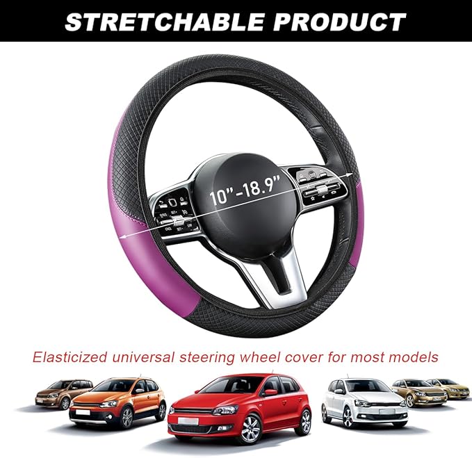 Car Steering Wheel Cover, 15 Inch Carbon Fiber Leather Stitching Color Steering Wheel Protector, Anti-Slip Elastic Breathable Steering Wheel Cover Stylish Decor for Most Cars (Black&Purple, AD)