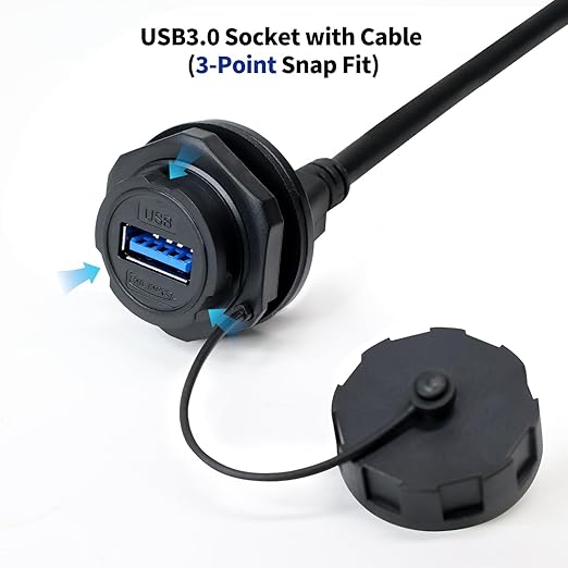 CNLINKO Outdoor USB 3.0 Receptacle Socket with 0.5M Cable Connector Type A Panel Mount Industrial Waterproof IP67 Data Power Transmission