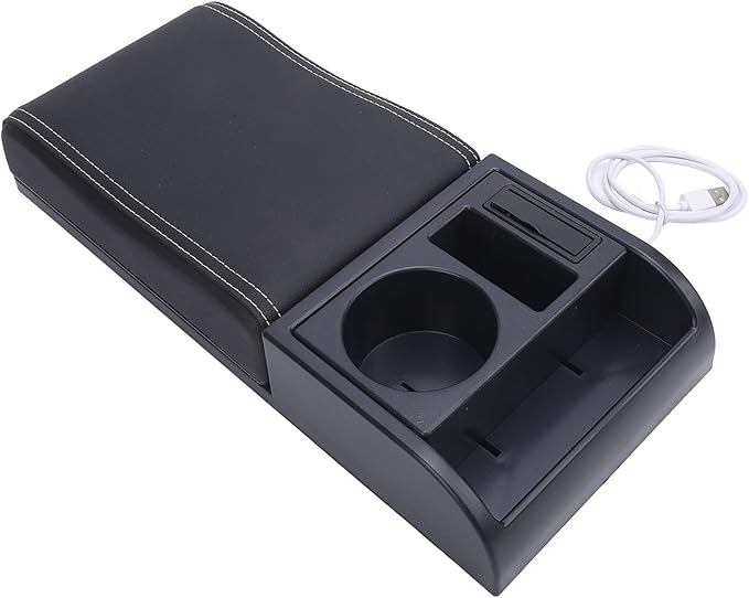 Center Console Armrest Box Cover Adjustable Length with USB Charging Port Cup Holder Universal for Most Vehicles (White Line)