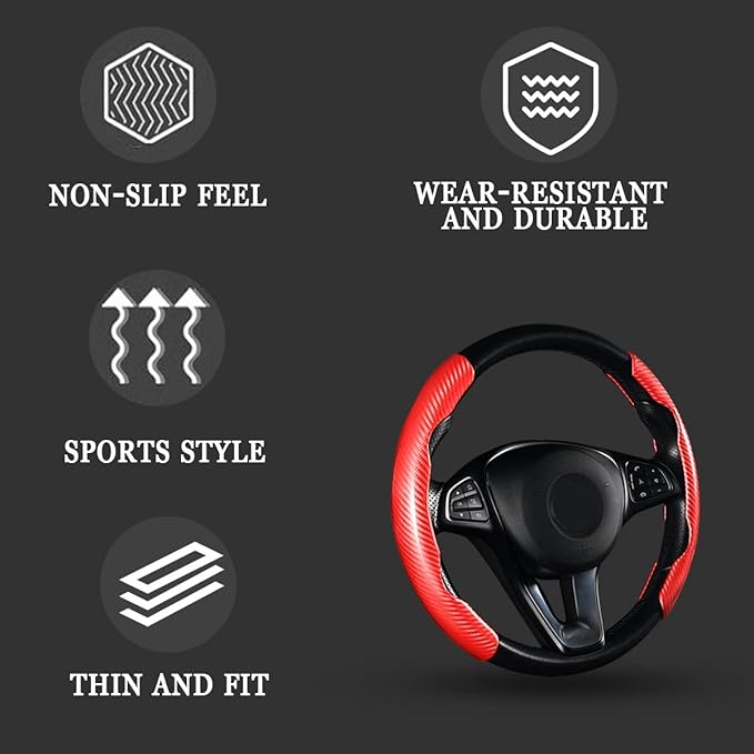 Steering Wheel Cover, 2PCS Segmented Steering Wheel Protector, Carbon Fiber Anti-Slip and Durable Car Accessory, Universal Fit for Most Cars，SUVs (Carbon Fiber Red)