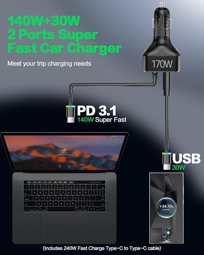 170W USB C Car Charger, PD3.1 140W+30W Fast Charging Adapter with 240W Cable, Multi-Port USB-C Car Charger Compatible with Laptop MacBook iPhone 17/16/15 Pro Max Samsung S24 Ultra iPad (Black)