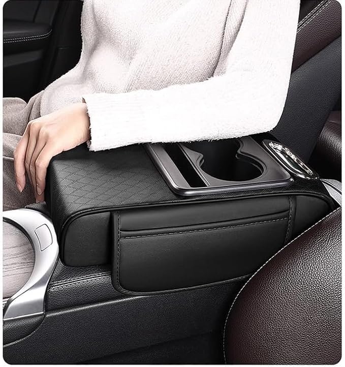 Multifunctional PU Leather Car Armrest Box Mat with Central Elbow, 2026 New Car Armrest Storage Box with Cup Holder, Tissue Box Slot, Phone Slot, Universal Fit (Red)