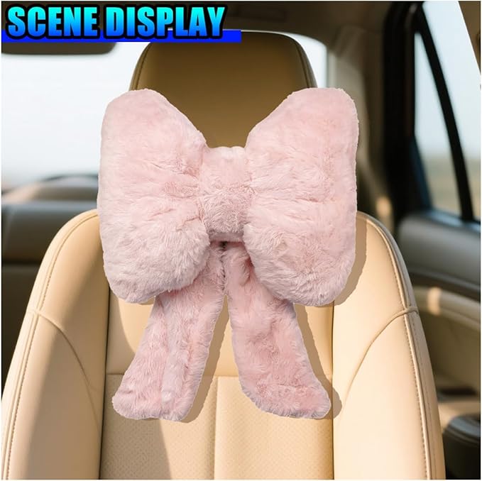 Bow Car Headrest Pillow, Plush Soft Comfortable Warm Car Neck Pillow with Adjustable Strap, Universal Breathable Ergonomic Vehicle Interior Neck Support Cushion for Fatigue Relief (Pink)