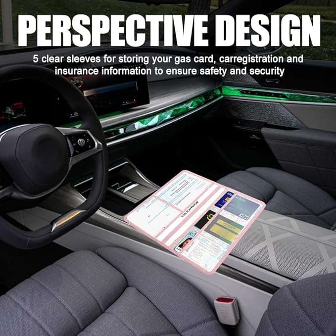 Vehicle Glove Box Car Organizer, Car Registration and Insurance Holder, Insurance Card Holder for Cars, Leather Card Holder Interior Auto Accessories for Women (Pink/Large)