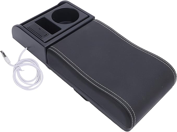 Center Console Armrest Box Cover Adjustable Length with USB Charging Port Cup Holder Universal for Most Vehicles (White Line)