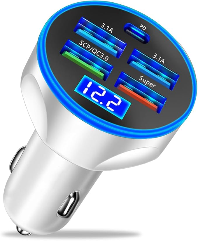 5 Port USB Car Charger, 250W Super Fast Charging Cigarette Lighter Adapter with LED Voltage Monitor, 4USB+Type C Multi Port Car Accessories Interior Compatible with Most Smart Phone (White)