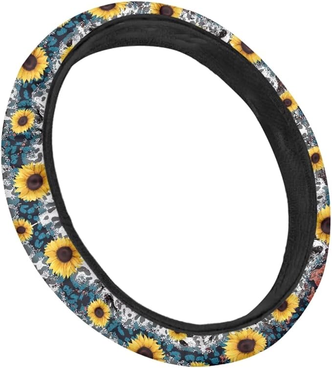 Universal Non-Slip Steering Wheel Cover, 15-inch Polyester Material Driving Accessories, Adjustable for Car and Truck(Indigo Leopard Sunflower)
