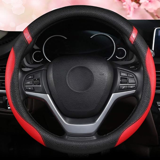Steering Wheel Cover for Women Leather Universal Steering Wheel Cover for Car 15 inch (Red)