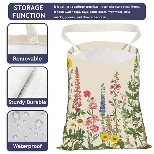 Various Wildflowers Print Car Trash Bag Portable Waterproof Hanging Garbage Bag with Snap Buttons Back Seat Rubbish Storage Dustbin for Car Interior Accessories Kitchen Home Travel