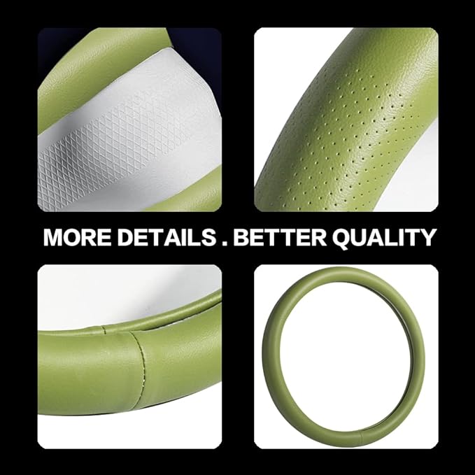 VARGTR Car Steering Wheel Cover,Universal 15 Inch Premium Leather Car Steering Wheel Cover,Best Grip,Perforated Design,Breathable,Non-Slip,Sweat-Absorbent,Warm in Winter and Cool in Summer (Green)
