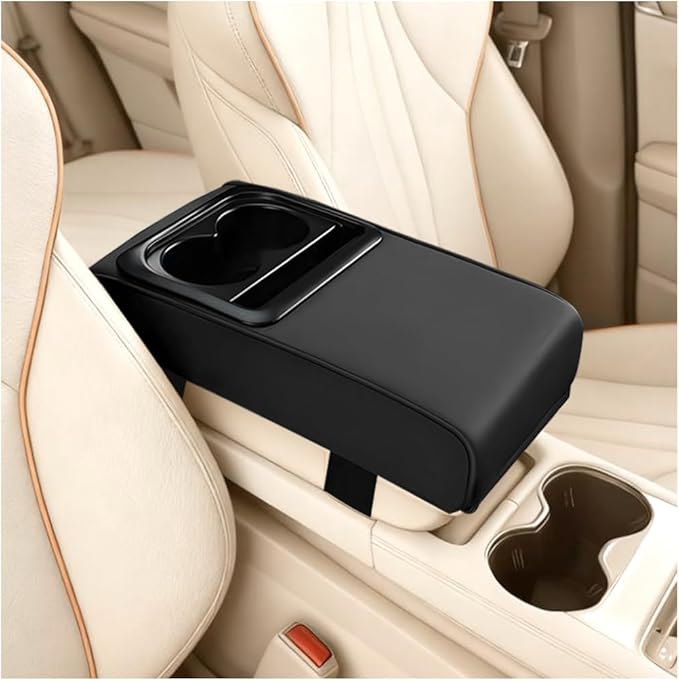Car Center Console Armrest Pillow, Leather Vehicle Middle Console Protection Cushion with Cup & Phone Holder, Waterproof Automotive Arm Rest Box Cover Accessories, Universal Fit (Black)