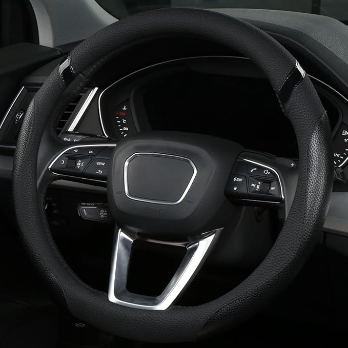 Cxtiy Car Steering Wheel Cover for Men Women Universal Leather Steering Covers for Car SUV (Full-Black)