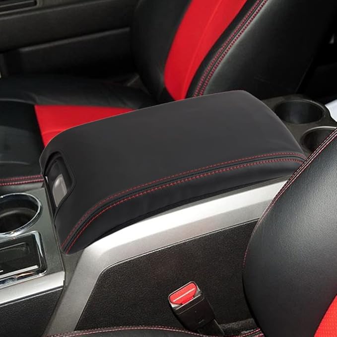 XITER 1PC Leather Center Console Armrest Box Cover Waterproof Cushion Pad for F150 2009-2014 Not Fit Jump Seat Console(Red Stitches)