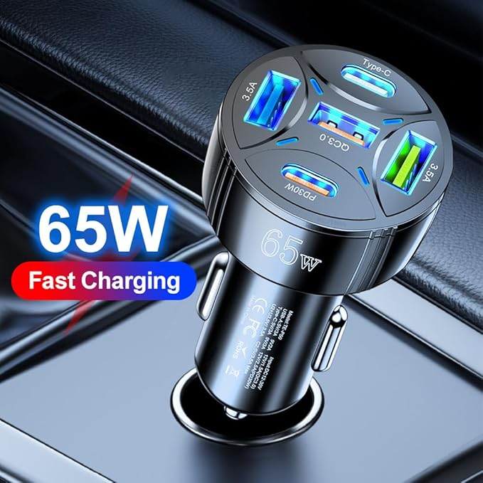 USB C Car Phone Charger Adapter 5 in 1 Multi Port PD30W &QC3.0 Super Fast Charging, 65W Cigarette Lighter USB Charger for iPhone/Android/Samsung/iPad Pro and More (White)
