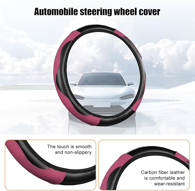 Carbon Fiber Car Steering Wheel Cover, 14.5-15 Inch Elastic Stretch Steering Wheel Guard, Sports Style Non-Slip Automotive Interior Accessories, Universal for Vehicles (Black/Wine Red)