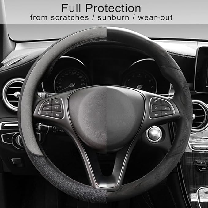 COFIT Breathable Car Steering Wheel Cover 15 inch Auto Universal Leather Wrap Non-Slip Steeringwheel Protector Automotive Interior Accessories, Grey (Suit for 14.5-15 inch)