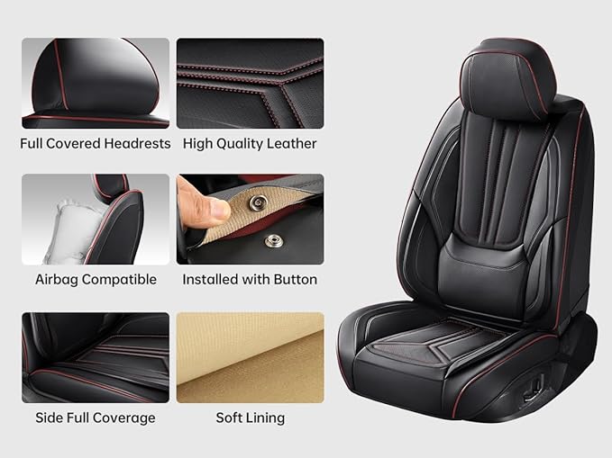 SCDOOCA Car Seat Covers Full Set, Luxury Leather Car Seat Covers, Waterproof and Breathable Seat Covers, Universal Car Seat Protector Fit for Cars, Trucks, SUVs, Pick-ups (Black&Red line, FullSet)
