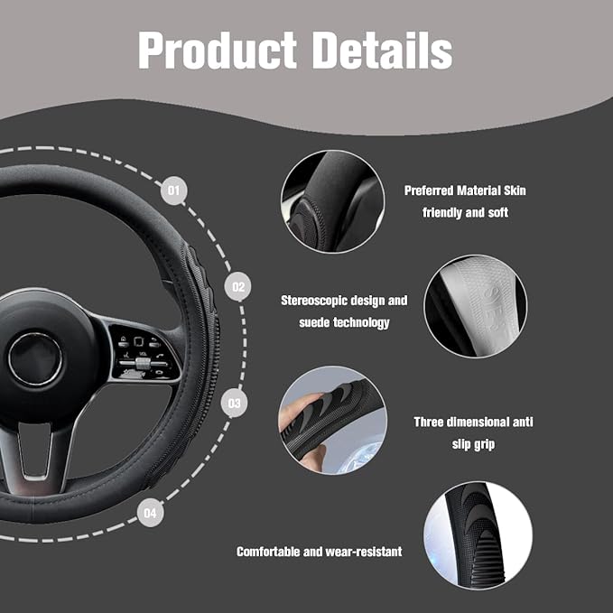 HZEL Car Steering Wheel Cover, 14.5-15" Breathable Vehicle Steering Wheel Protector with Anti-Slip Lining, Comfortable Auto Interior Decoration Accessories, Universal for Truck SUV Sedan (Black)