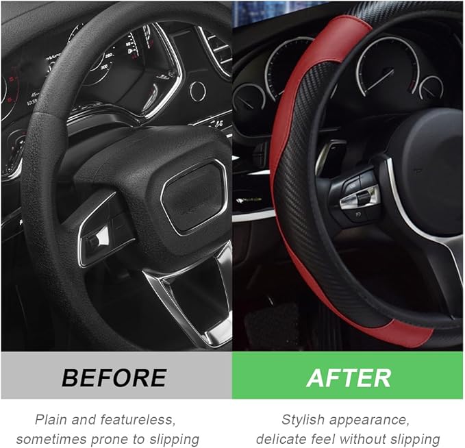 Car Steering Wheel Cover, 15 Inch Carbon Fiber Leather Stitching Color Steering Wheel Protector, Anti-Slip Elastic Breathable Steering Wheel Cover Stylish Decor for Most Cars (Wine Red)