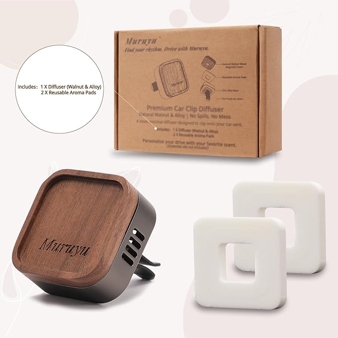 Muruyu Car Diffuser, Walnut Wood & Zinc Alloy with Magnetic Closure, Refillable DIY Scent Personalization, Elegant Car Air Freshener Vent Clips for Gift (Essential Oils Not Included)