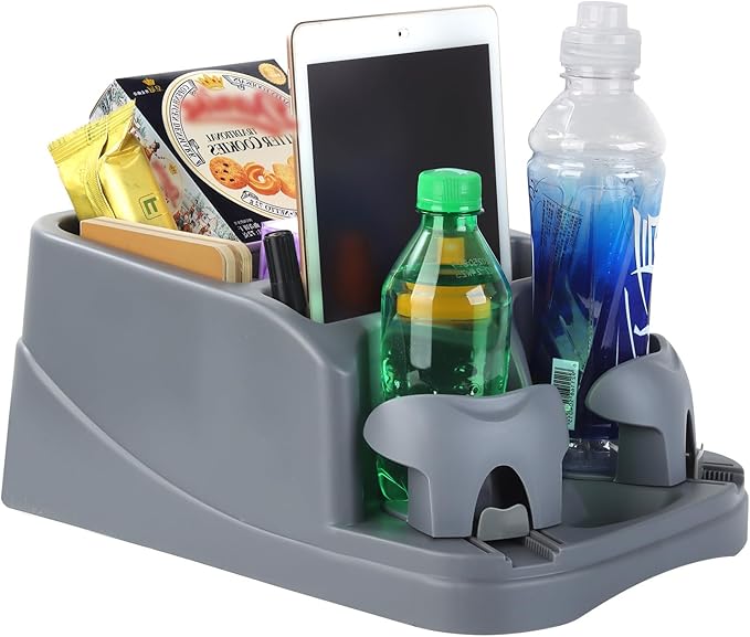 LoyaGour Center Console Organizer,Automotive Consoles Organizers and Storage with 2 Adjustable Cup Holders,Back Bench and Front Seat or Floor Middle Console Universal for Car Truck RV Van SUV (Grey)