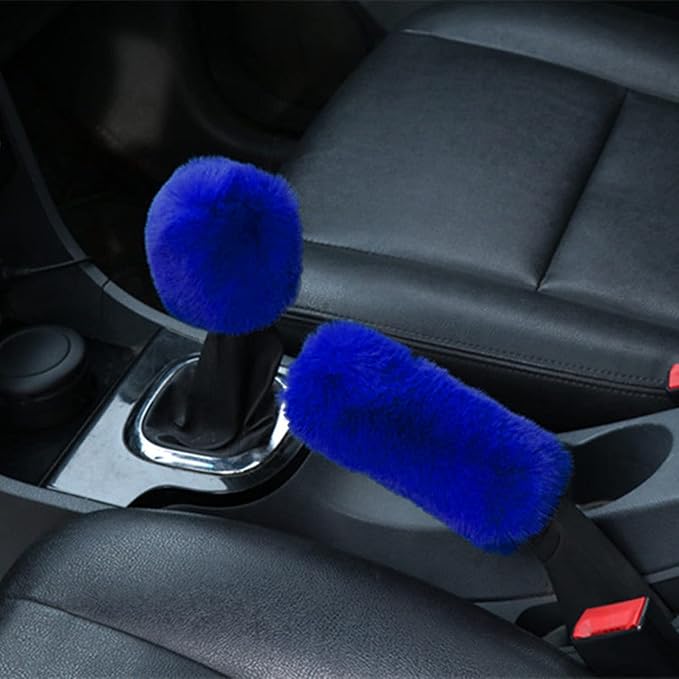 Pinbola 4pcs/Set Fluffy Steering Wheel Cover Faux Wool Rhinestone Bling Non-Slip LuxuriouSoft Handbrake Cover & Gear Shift Cover Winter Warm Universal Fit for 15 Inch (Blue)