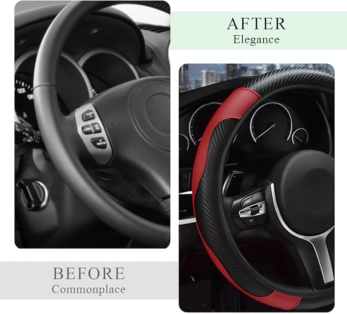Elastic Steering Wheel Cover - Microfiber Leather Carbon Fiber Protector, Anti-Slip Lining, Wine Red