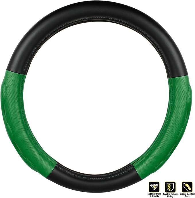 GG Grand General 54080 18 inches Deluxe Plus Steering Wheel Cover Full Black with Green Comfort Pad
