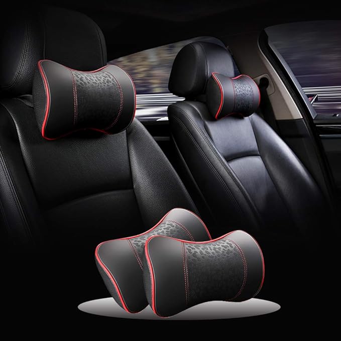 HAOTULE Car Leather Neck Pillows, Neck Rest Cushions,100% Memory Foam Cervical Support, Comfortable Travel car Seats and Home Office Soft Pillows, Red a Set (2 pcs)