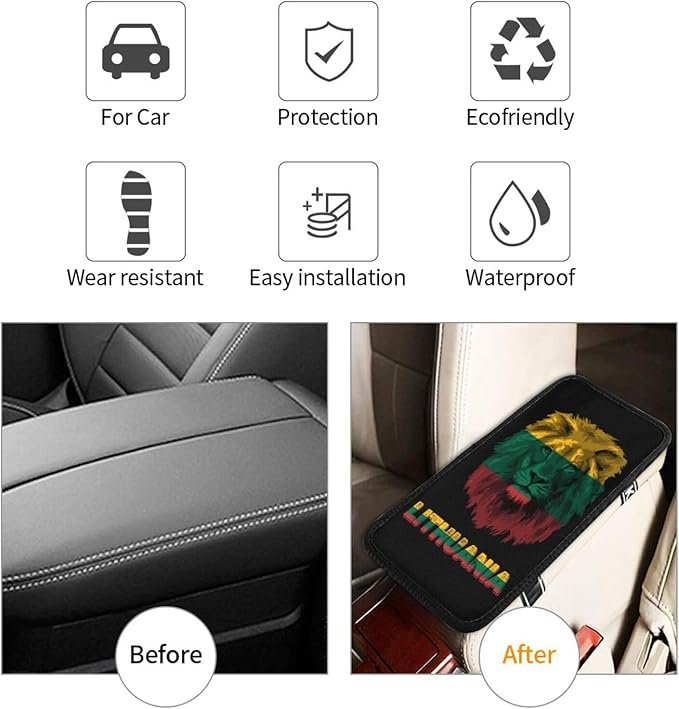 Vintage Lithuania Lithuanian Flag Lion Head Auto Center Console Armrest Cover Car Handrail Box Cushion Pad Mat Universal Fit Most Vehicle Sedan Truck SUV Soft Comfort Decor Accessories