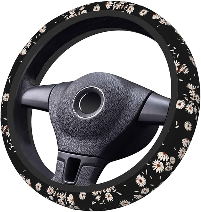 Black and White Daisies Elastic Steering Wheel Cover, Non-Slip Breathable Neoprene Steering Wheel Covers, Women Pink Car Accessories, Universal 15 Inch Fit Auto, Suvs, Truck