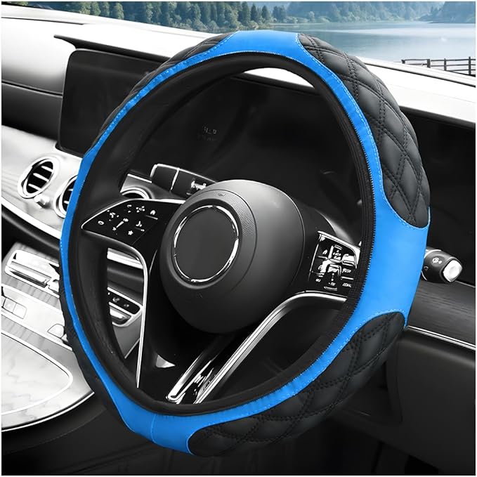 Car Steering Wheel Cover, 15 Inches Leather Steering Wheel Protector with Non-Slip Grip, Universal Wheel Covers Interior Decoration for Sedens Trucks SUVs, Car accessories (Blue)