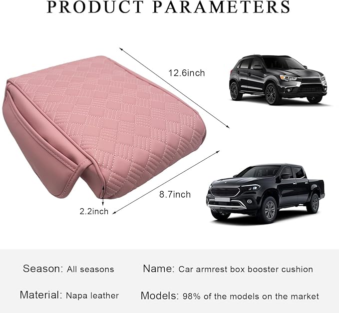 Car Armrest Cushion, 12.6"×8.7" Waterproof Leather Center Console Cover with Pocket, Auto Comfortable Memory Foam Middle Console Elbow Pillow Cushion Pad, Car Accessories (Pink)