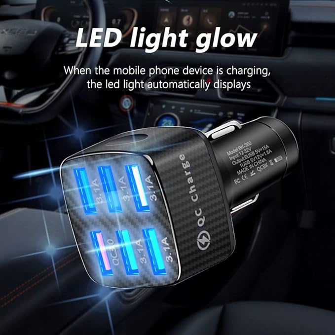 Fast Charging 6 Ports Car Phone Charger Adapter,QC3.0/3.1A Type Smart Shunt Cigarette Lighter USB Charger Compatible with iPhone 14 13 12,S22 S21 S20,iPad Pro& All Mobil Phone (Black)