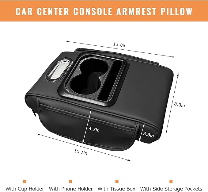 Car Center Console Armrest Pillow, 5-in-1 Armrest Cushion w/ 2 Side Bags, Tissue Box Slot, Cup & Phone Holder, Multifunctional Leather Arm Rest Cover Storage Organizer (Black, Normal)