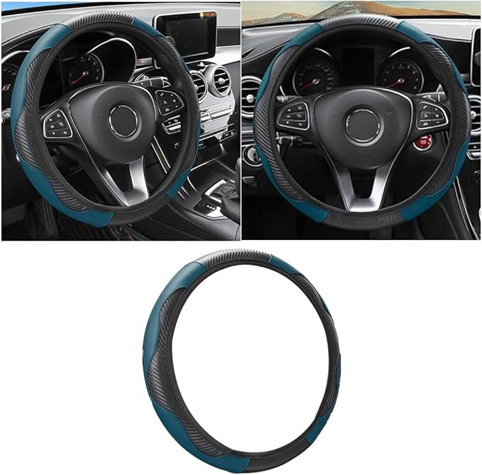 Car Steering Wheel Cover, 15 inch Carbon Fiber Microfiber PU Leather Elastic Steering Wheel Protector for Men Women, Anti-Slip Breathable Car Interior Accessories for Most Cars (Black Green)
