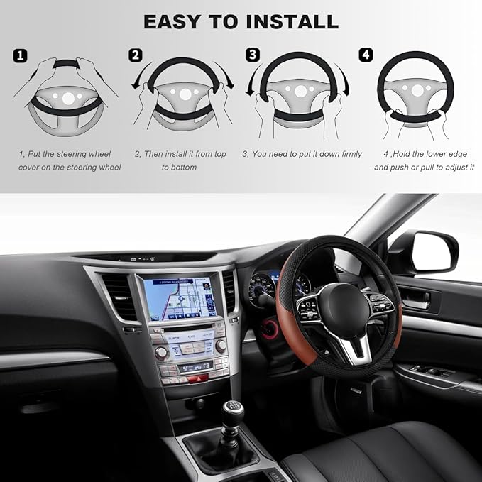 Car Steering Wheel Cover, 15 Inch Carbon Fiber Elastic Vehicle Steering Wheel Protector, Breathable Leather Auto Wheel Covers for Women Men, Interior Car Accessories (Black & Coffee, AD)