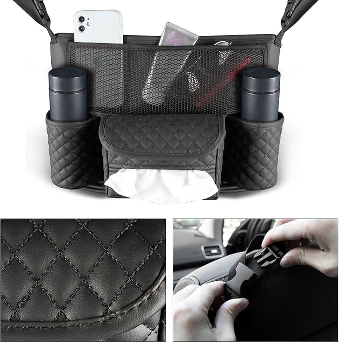 Car Organizer, Leather Large Capacity Car Purse Holder for Front Seat, Seat Back Net Bag Double-sided Tissue Storage Handbag Holder Car Accessories (Black)