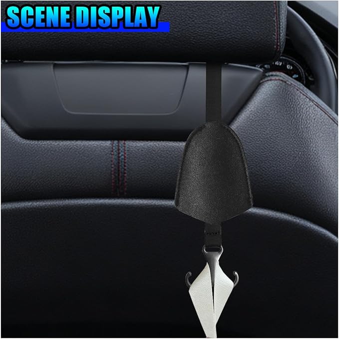 2PCS Car Seat Hooks for Headrest, Leather Car Seat Back Storage Hanger with Double Hooks, Universal Hidden Auto Organization Accessories for Purses, Bags, Umbrellas, Handbags (Black)