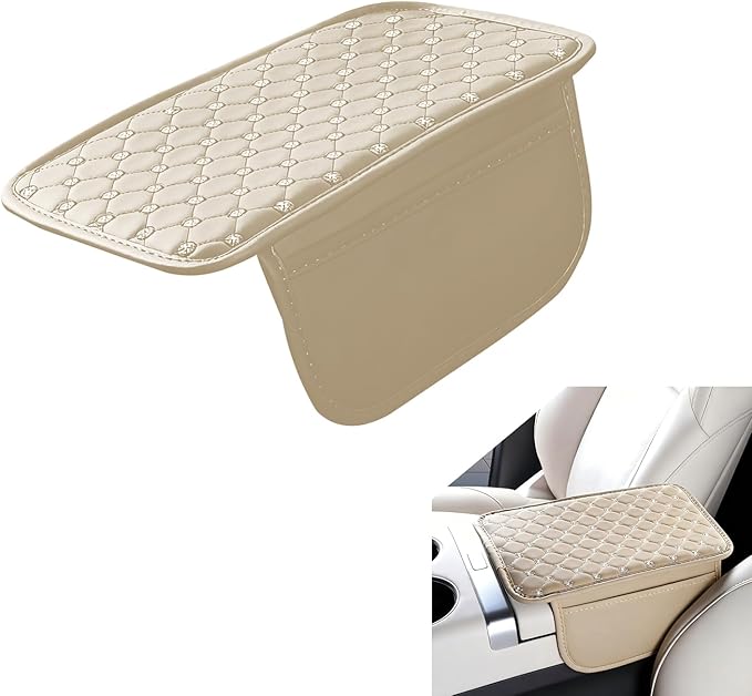 Car Center Console Cover, Leather Waterproof Armrest Cover Protector with 2 Side Storage Bags, 7.87" x 11.8" Comfort Anti-Slip Armrest Seat Box Pad, Universal for Most Cars (Beige)