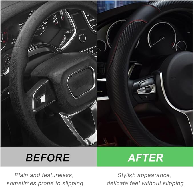 Car Steering Wheel Cover, 15 Inch Carbon Fiber Leather Stitching Color Steering Wheel Protector, Anti-Slip Elastic Breathable Steering Wheel Cover Stylish Decor for Most Cars (Black)