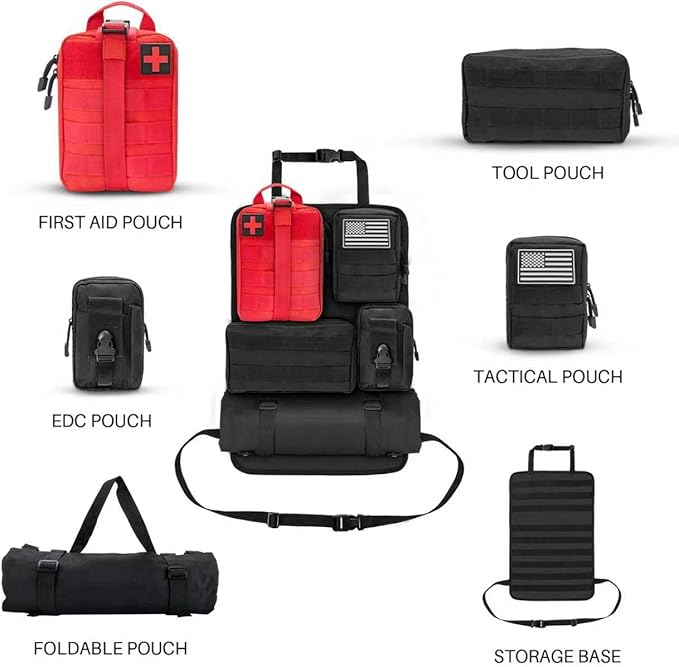 Back Seat Car Organizer, Tactical Seat Back Organizer with 5 Detachable MOLLE Pouches, Tactical Car Accessories Truck MOLLE Panel Fits Vehicle